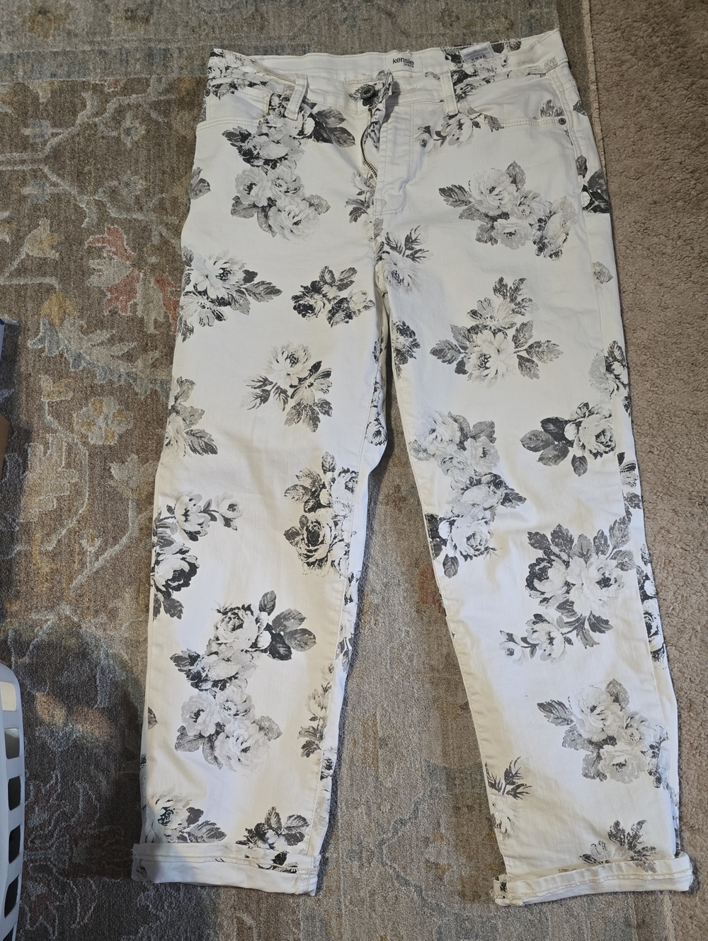 Kensie White Jeans with Black Floral Print - High Rise Straight